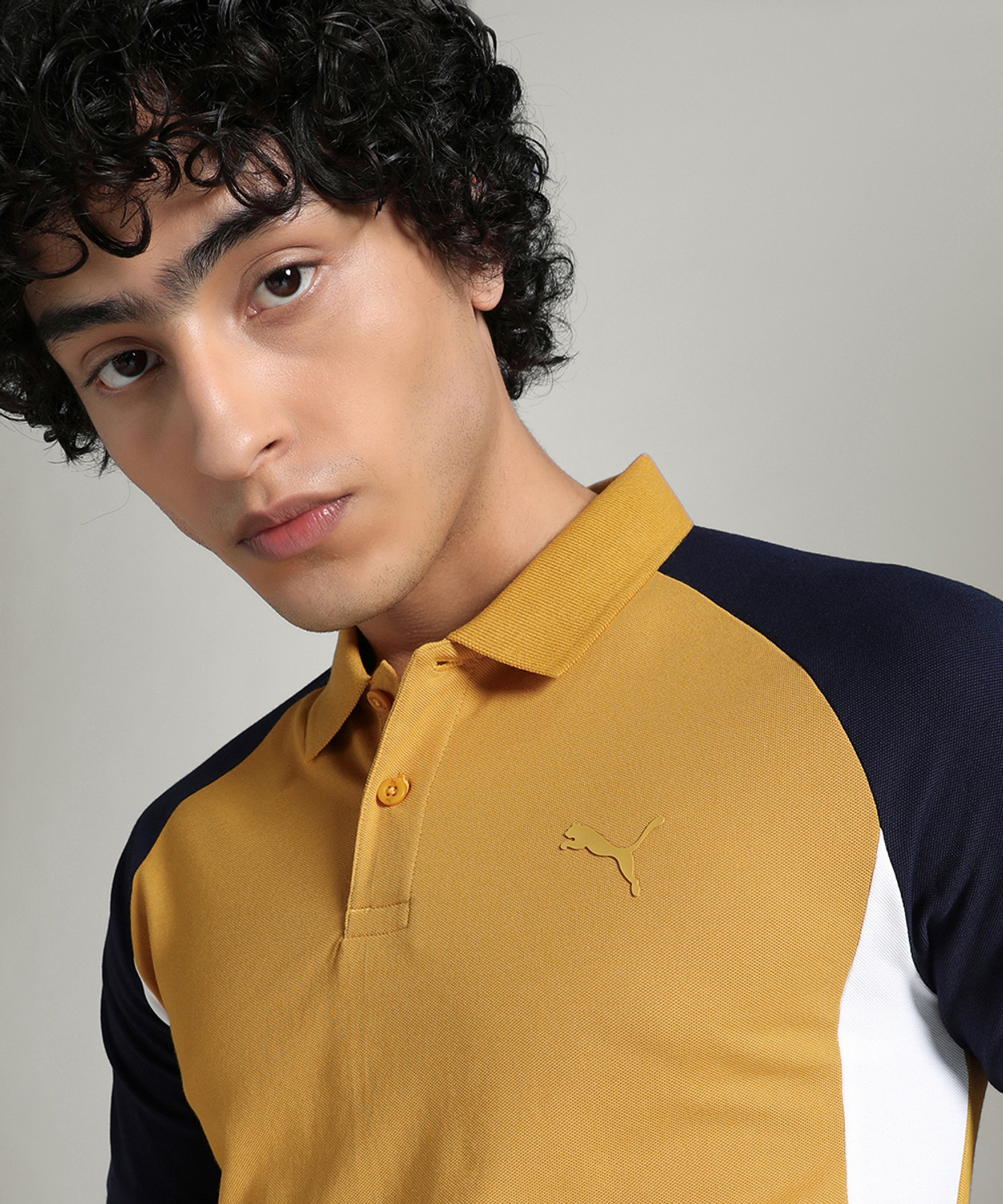 Image of PUMA Men Colorblock Polo Neck Cotton Blend Yellow T-Shirt