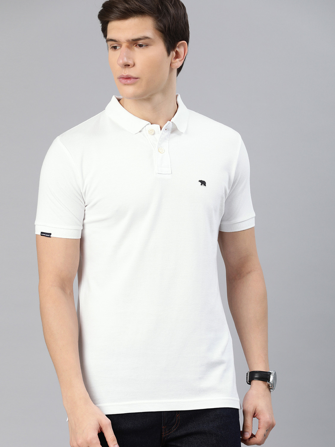 Image of THE BEAR HOUSE Solid Men Polo Neck White T-Shirt