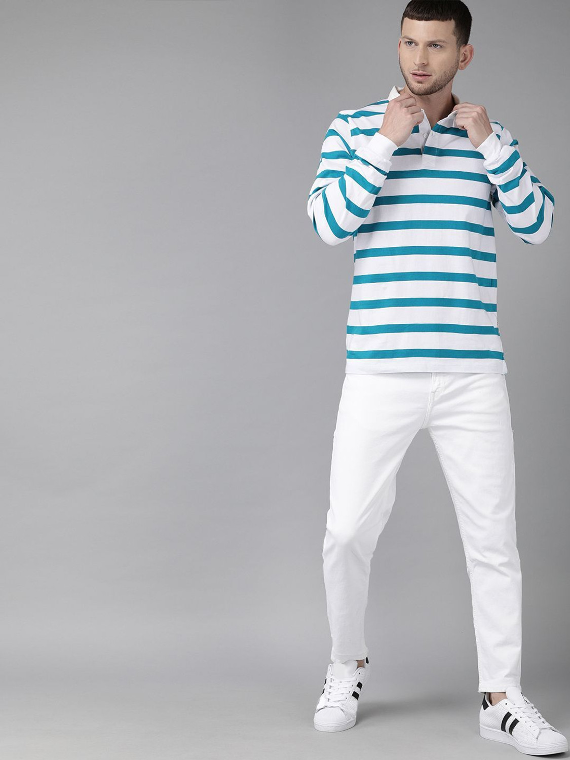 Image of Roadster Striped Men Polo Neck Blue T-Shirt