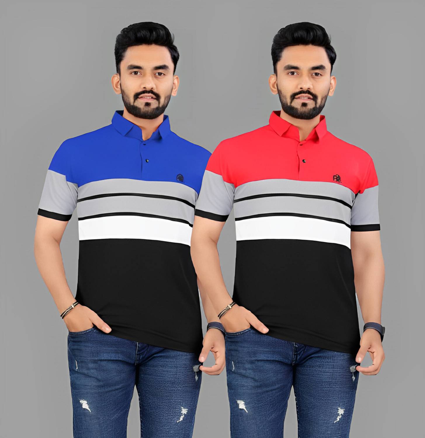 rggarment Pack of 2 Men Printed Polo Neck Cotton Blend Blue, Red