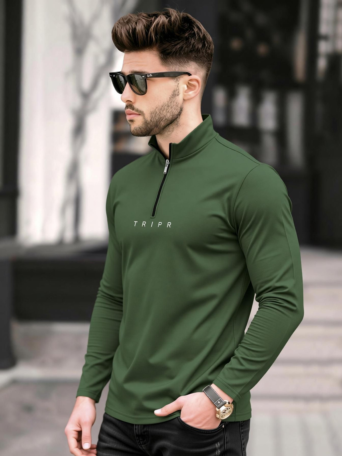 Image of TRIPR Solid Men Henley Neck Dark Green T-Shirt