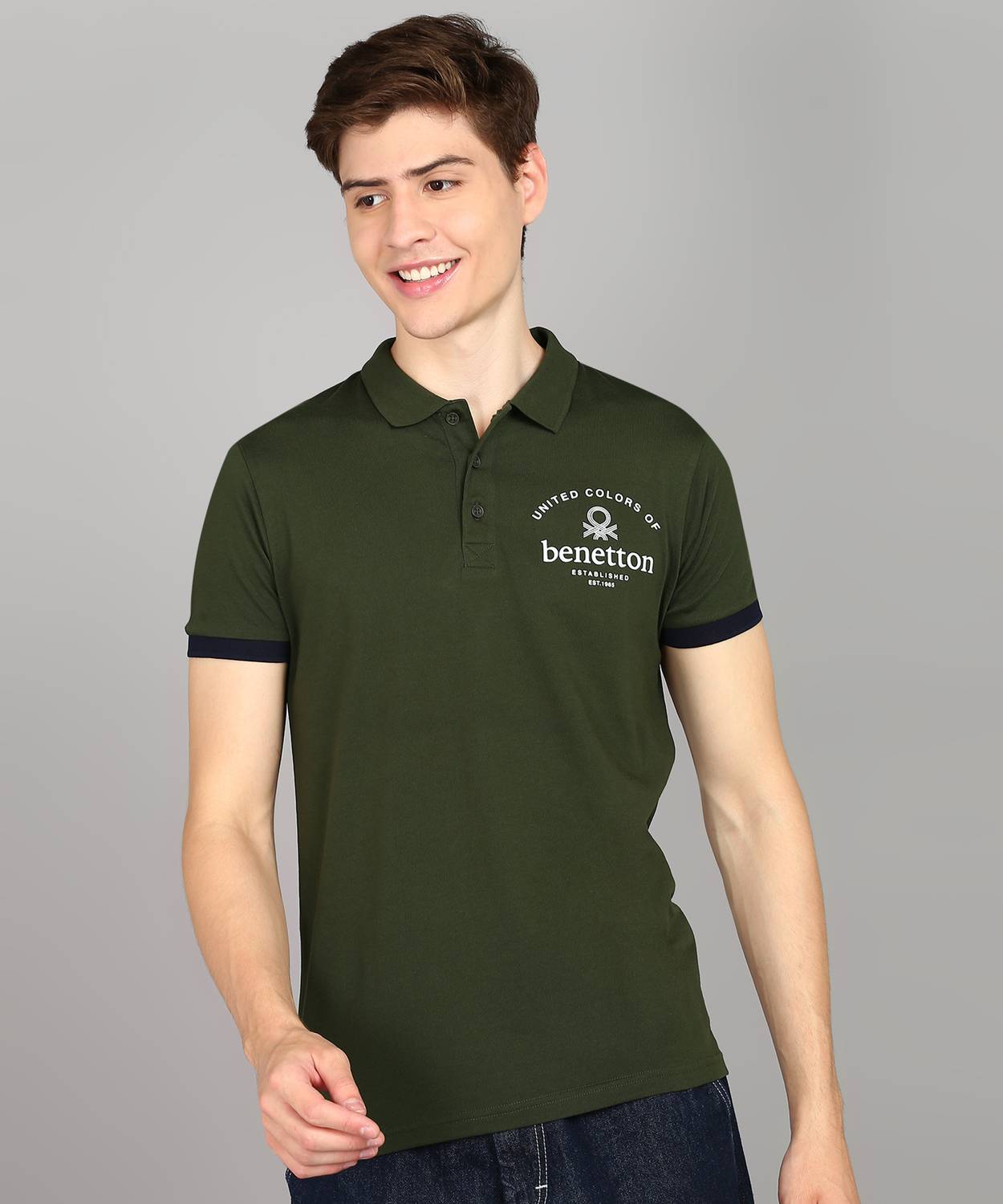United Colors of Benetton Men Solid Polo Neck Cotton Blend Dark G