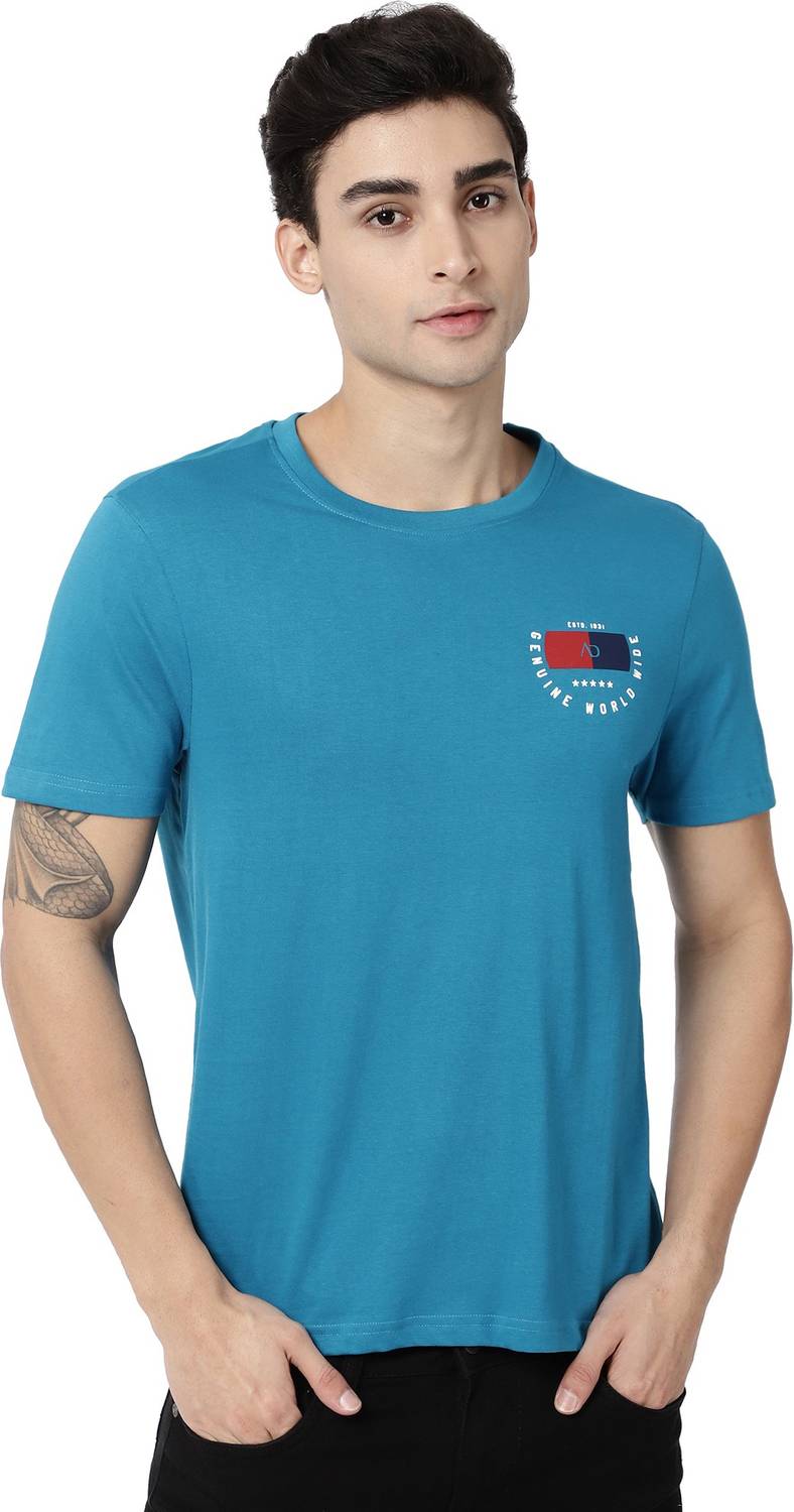 AD by Arvind Solid Men Round Neck Blue T-Shirt
