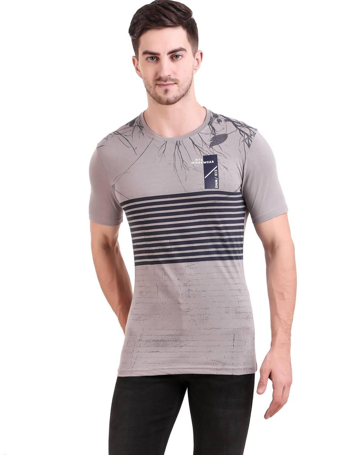 BRAVEZI Printed Men Round Neck Grey T-Shirt