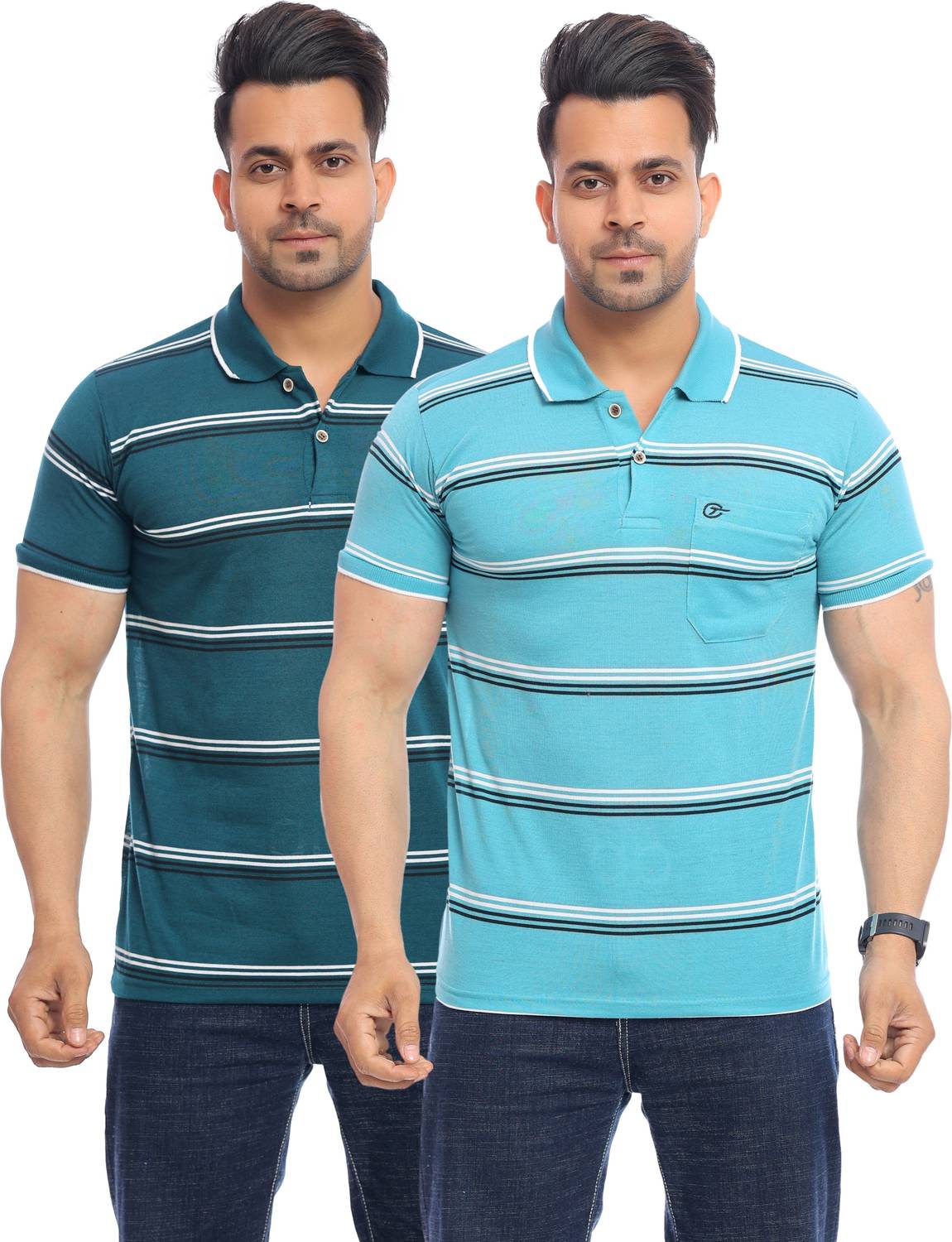 MAVRYK Pack of 2 Men Striped Polo Neck Cotton Blend Multicolor T-