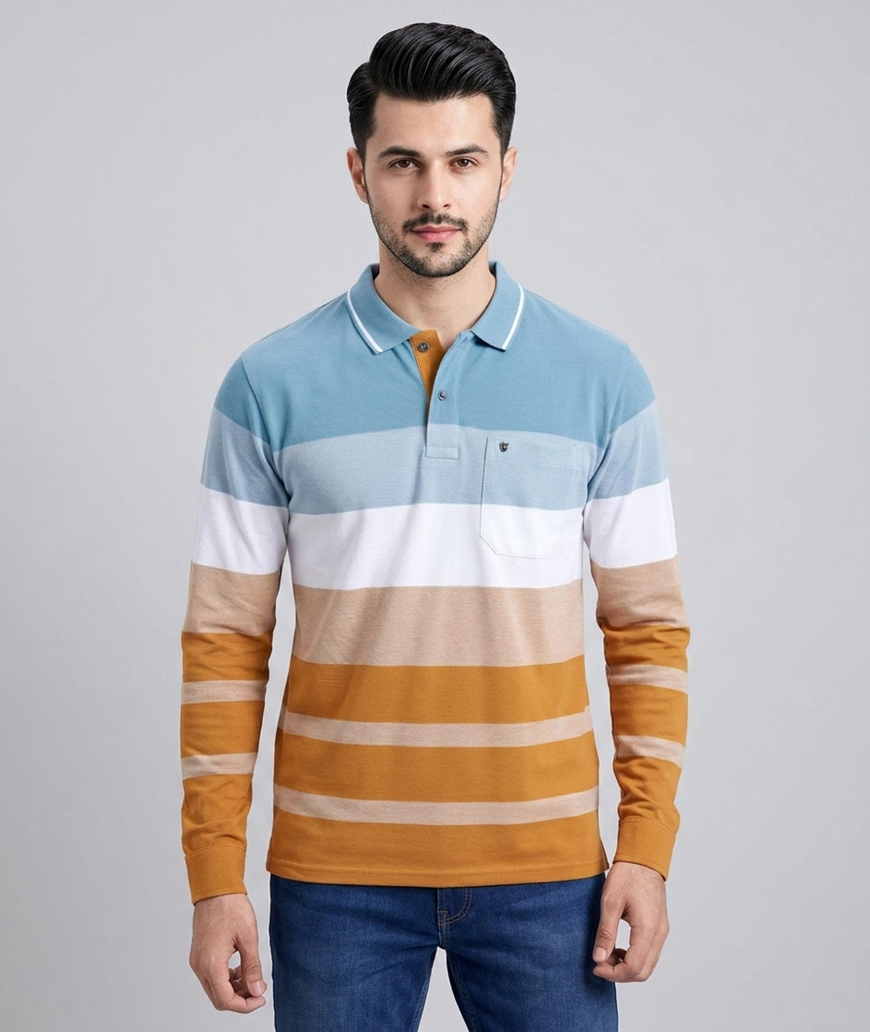 Image of PRORIDERS Men Striped Polo Neck Cotton Blend Green T-Shirt