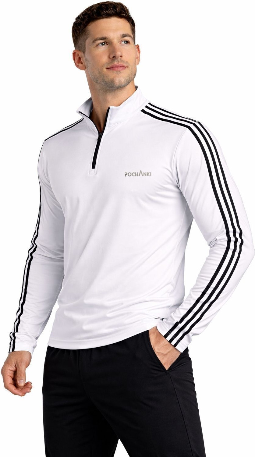 Image of Pochanki Striped Men Zip Neck White T-Shirt