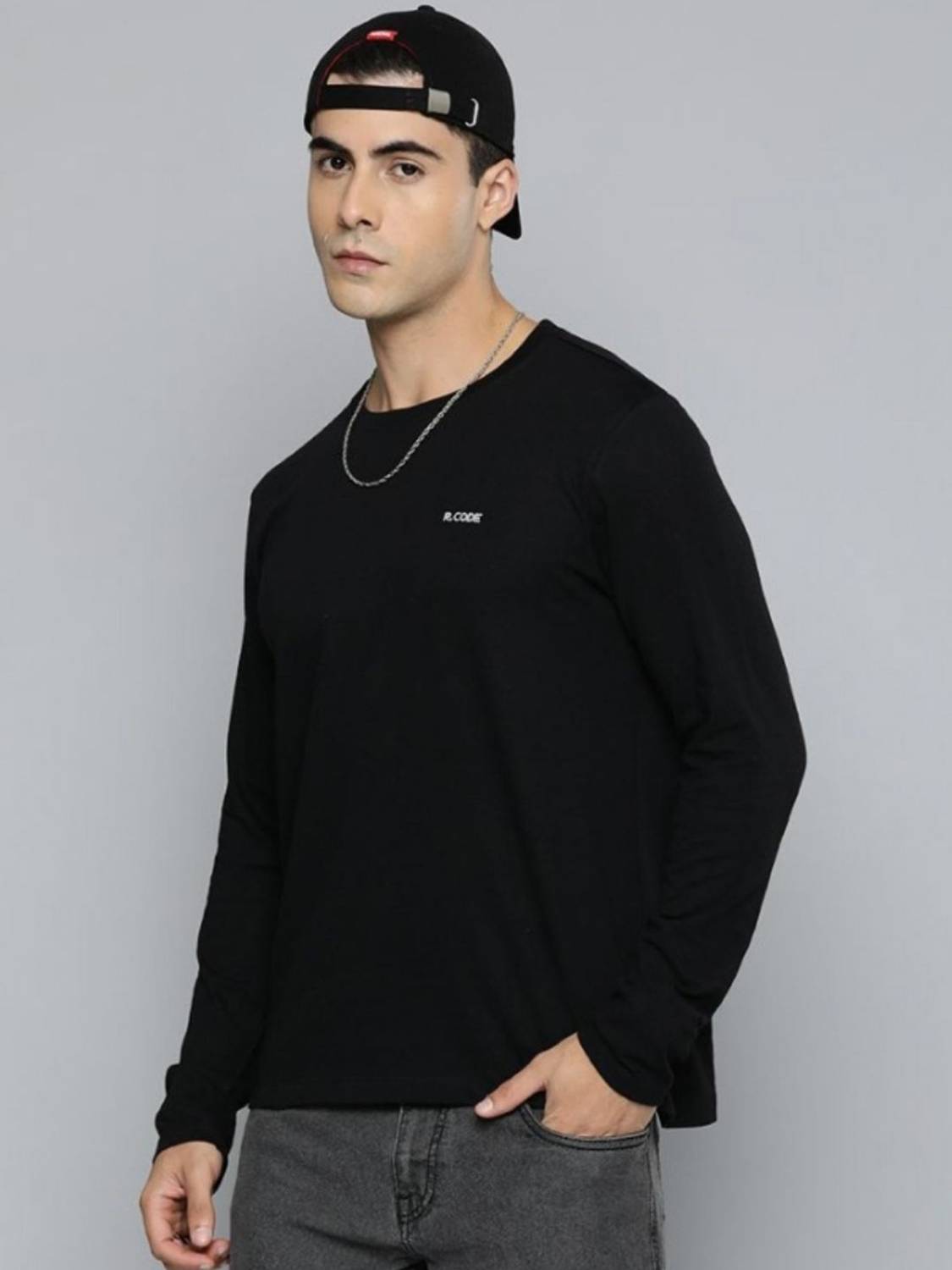 R.Code by The Roadster Life Co. Men Solid Round Neck Cotton Blend