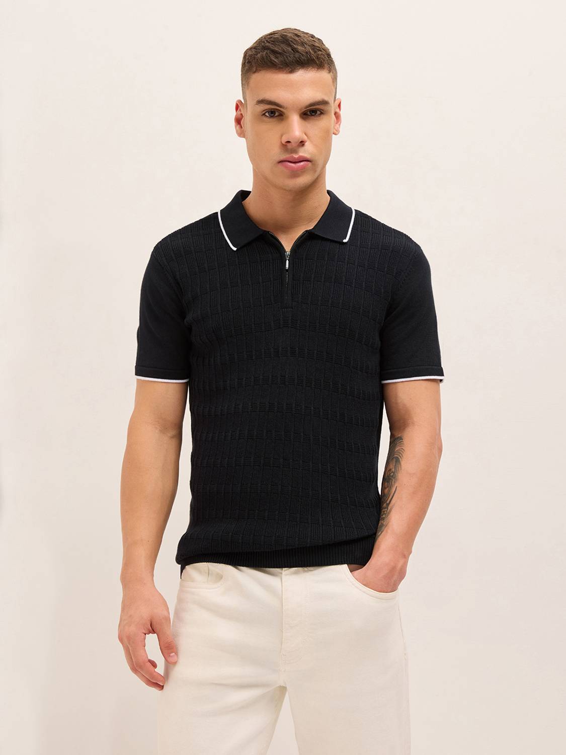 THE BEAR HOUSE Men Self Design Polo Neck Pure Cotton Black T-Shir