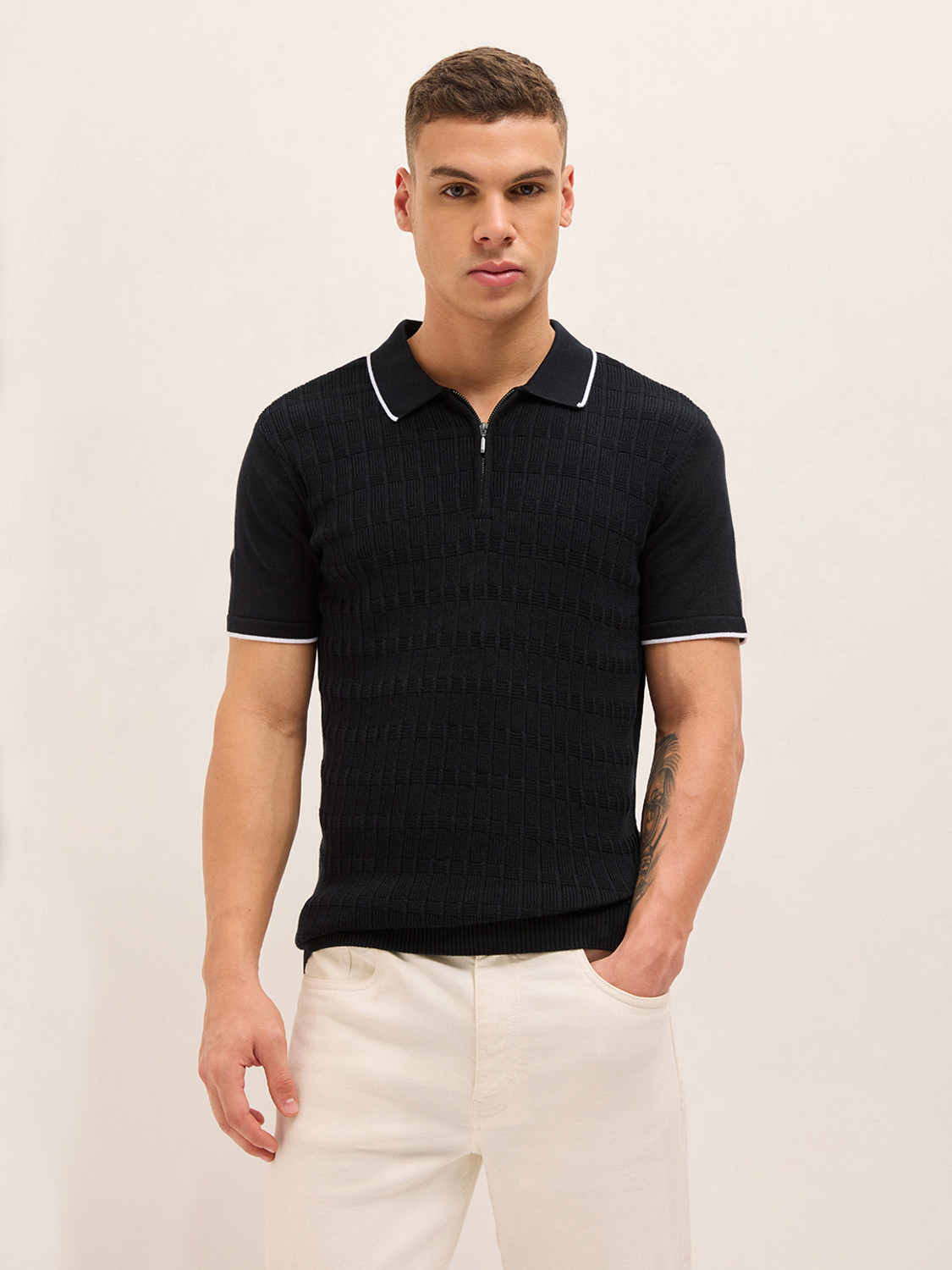 Image of THE BEAR HOUSE Self Design Men Polo Neck Black T-Shirt