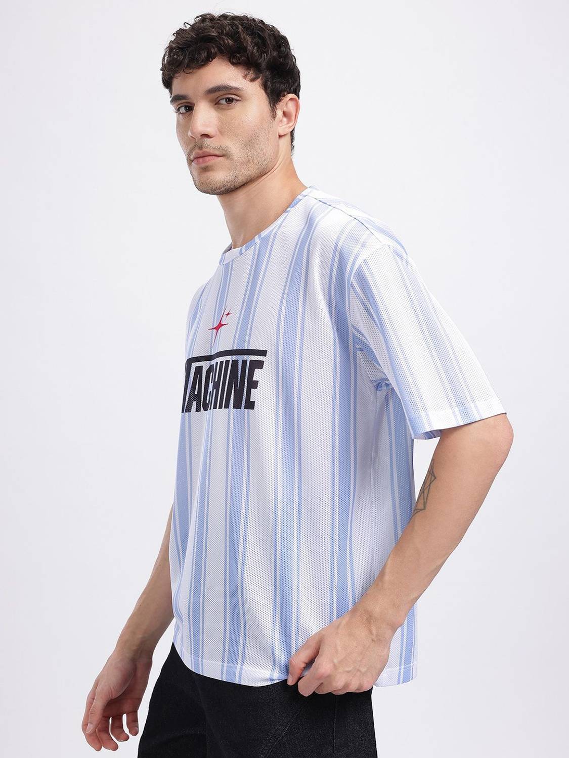 Glitchez Striped Men Round Neck White T-Shirt - Image 5