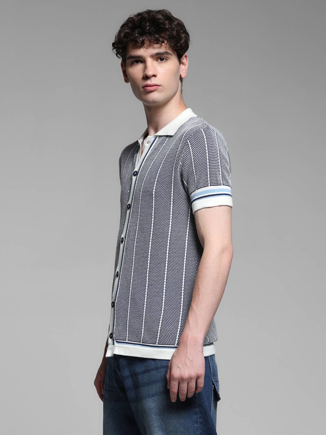 JACK & JONES Striped Grey Polo Neck T-Shirt - Image 3