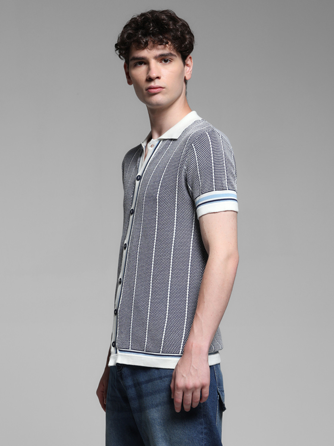 Image of JACK & JONES Striped Men Polo Neck Blue T-Shirt