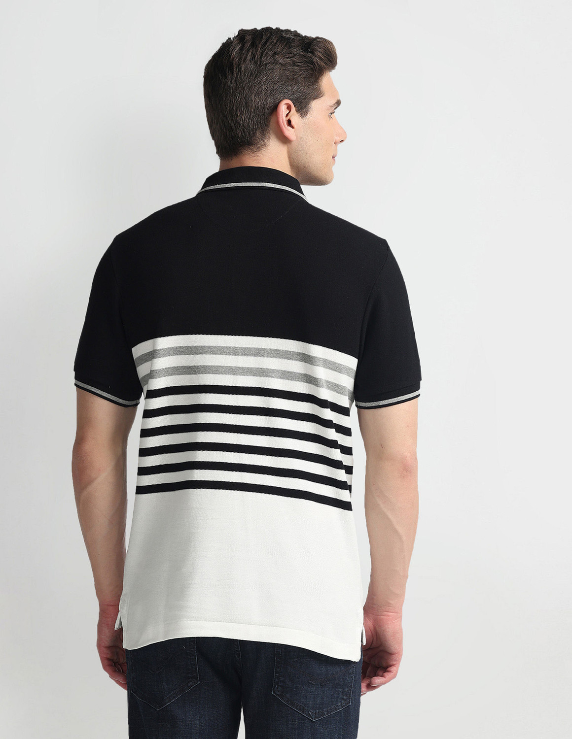 Image of U.S. POLO ASSN. Striped Men Polo Neck Black T-Shirt