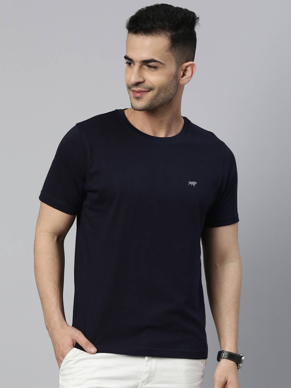 Bushirt Solid Men Round Neck Dark Blue T-Shirt