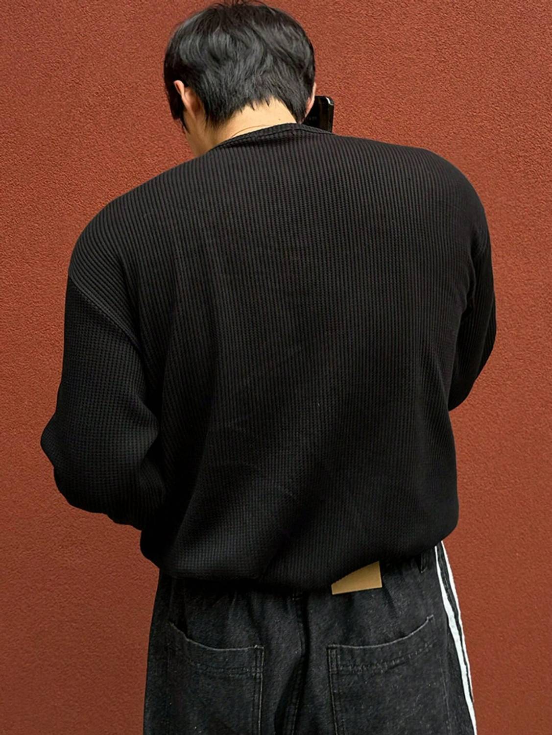 LIFEMOON Men Black Henley Neck T-Shirt - Image 3