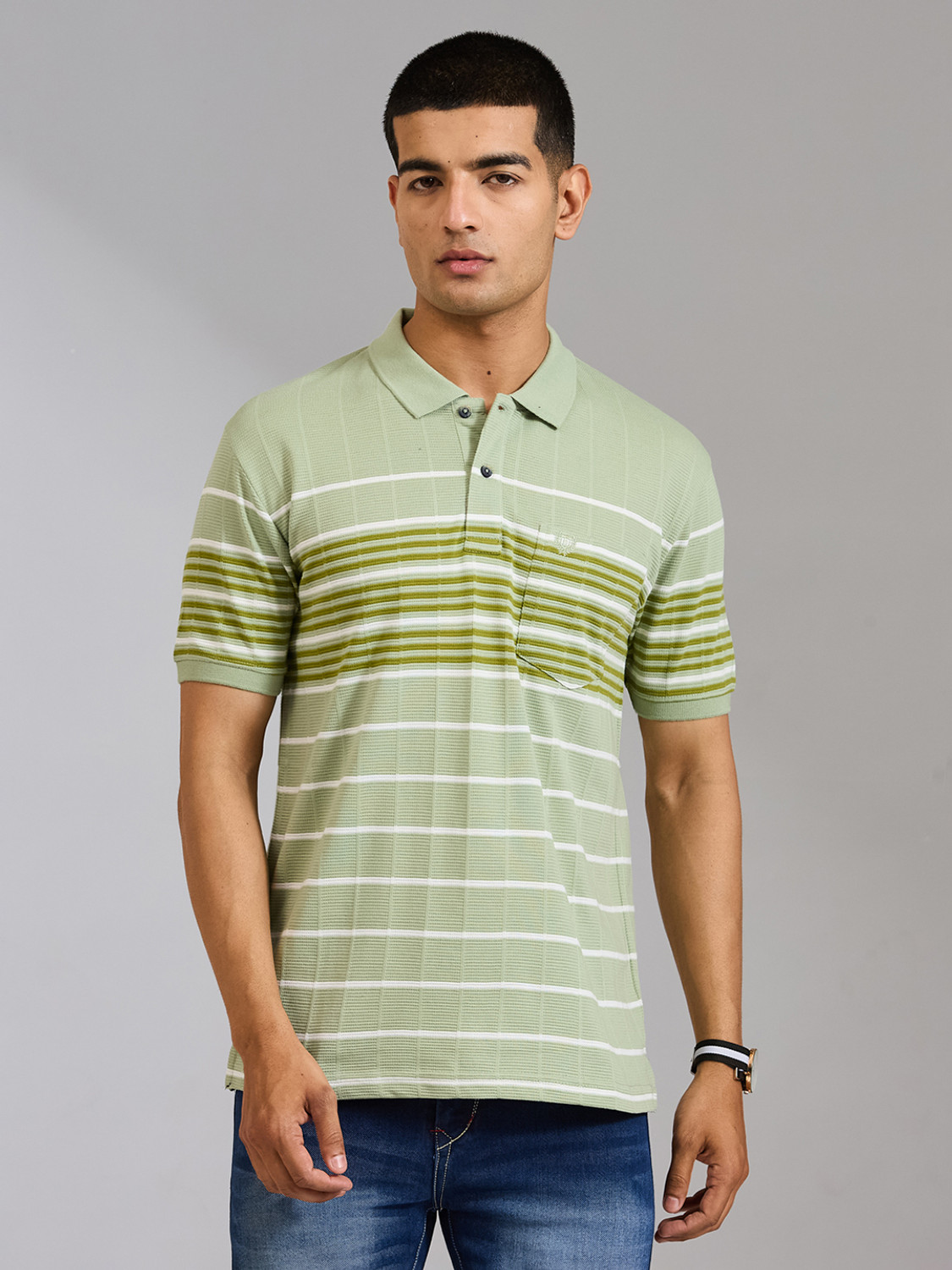 DUKE Striped Men Polo Neck Green T-Shirt