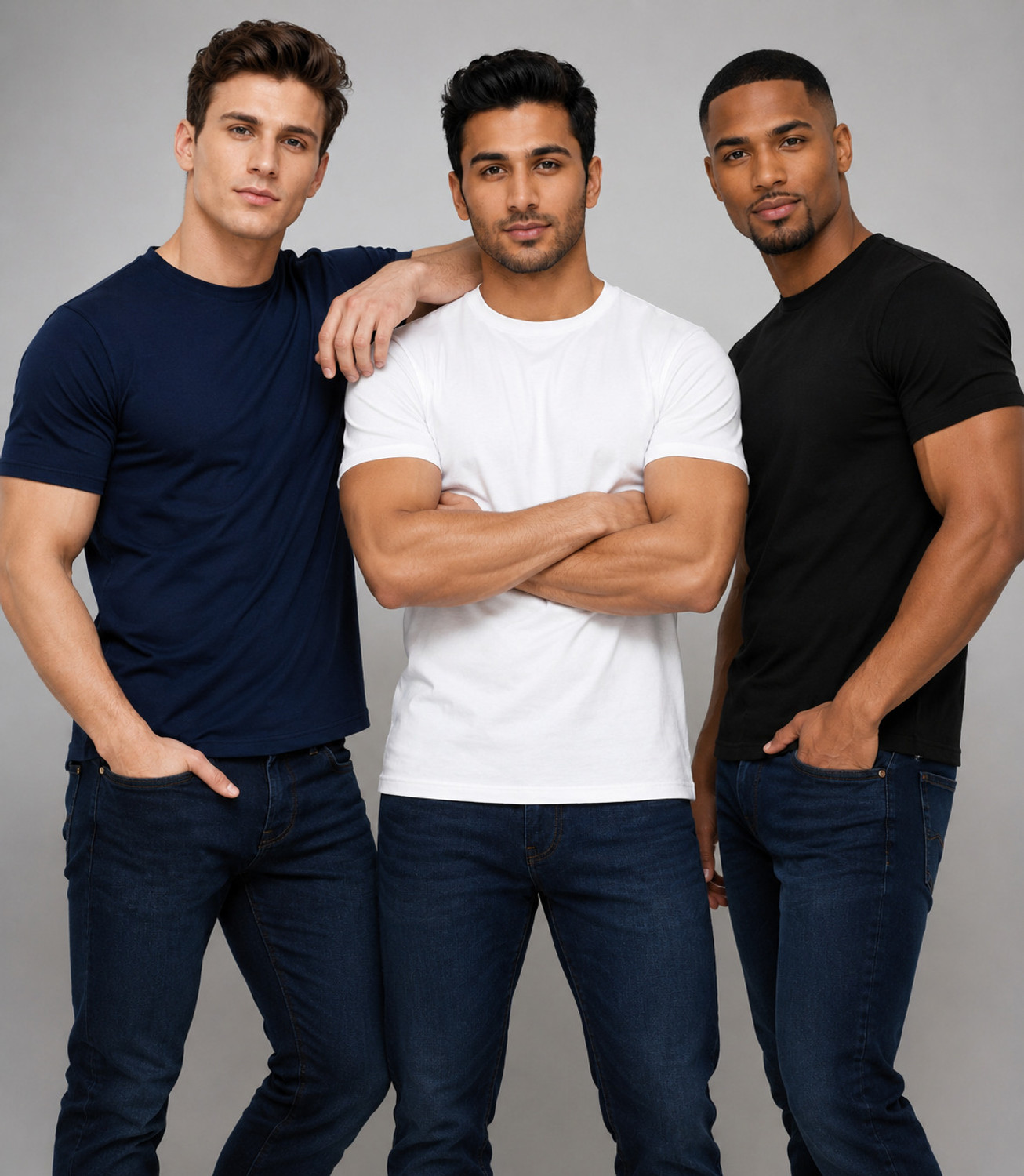 Image of London Hills Solid Men Round Neck Dark Blue, White, Black T-Shirt