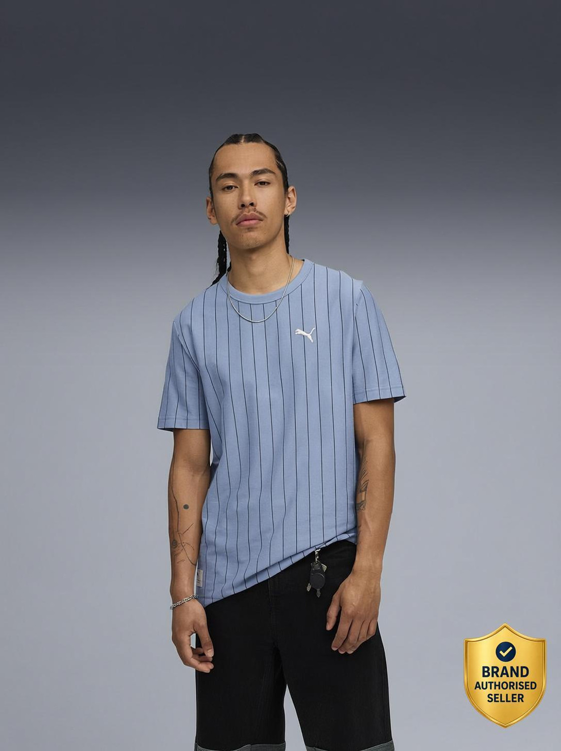 Image of PUMA Striped Men Crew Neck Blue T-Shirt
