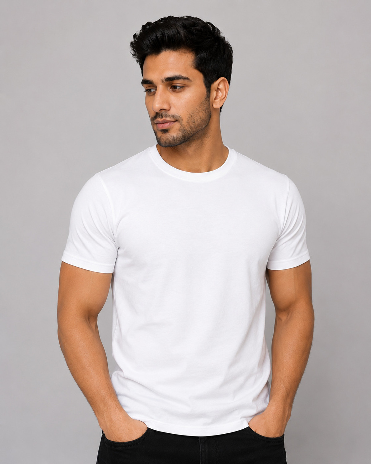 Image of London Hills Solid Men Round Neck Dark Blue, White, Black T-Shirt