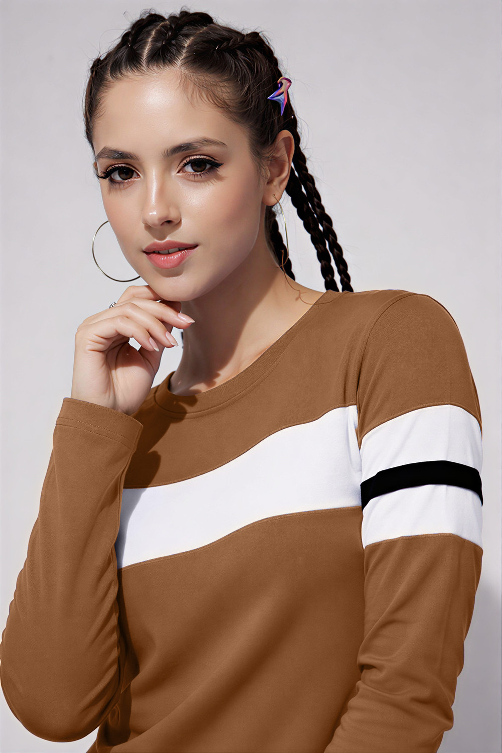 Image of THE DRY STATE Colorblock Women Round Neck Brown, White T-Shirt