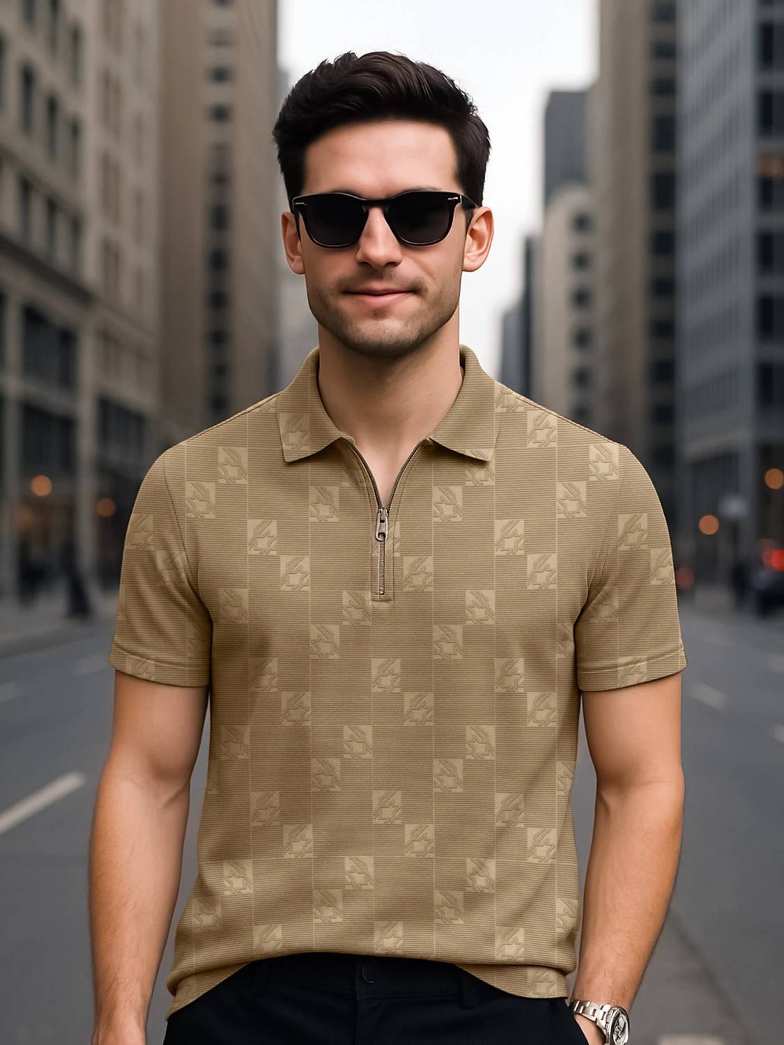 Jump Cuts Men Polo Neck Beige T-Shirt - Image 5