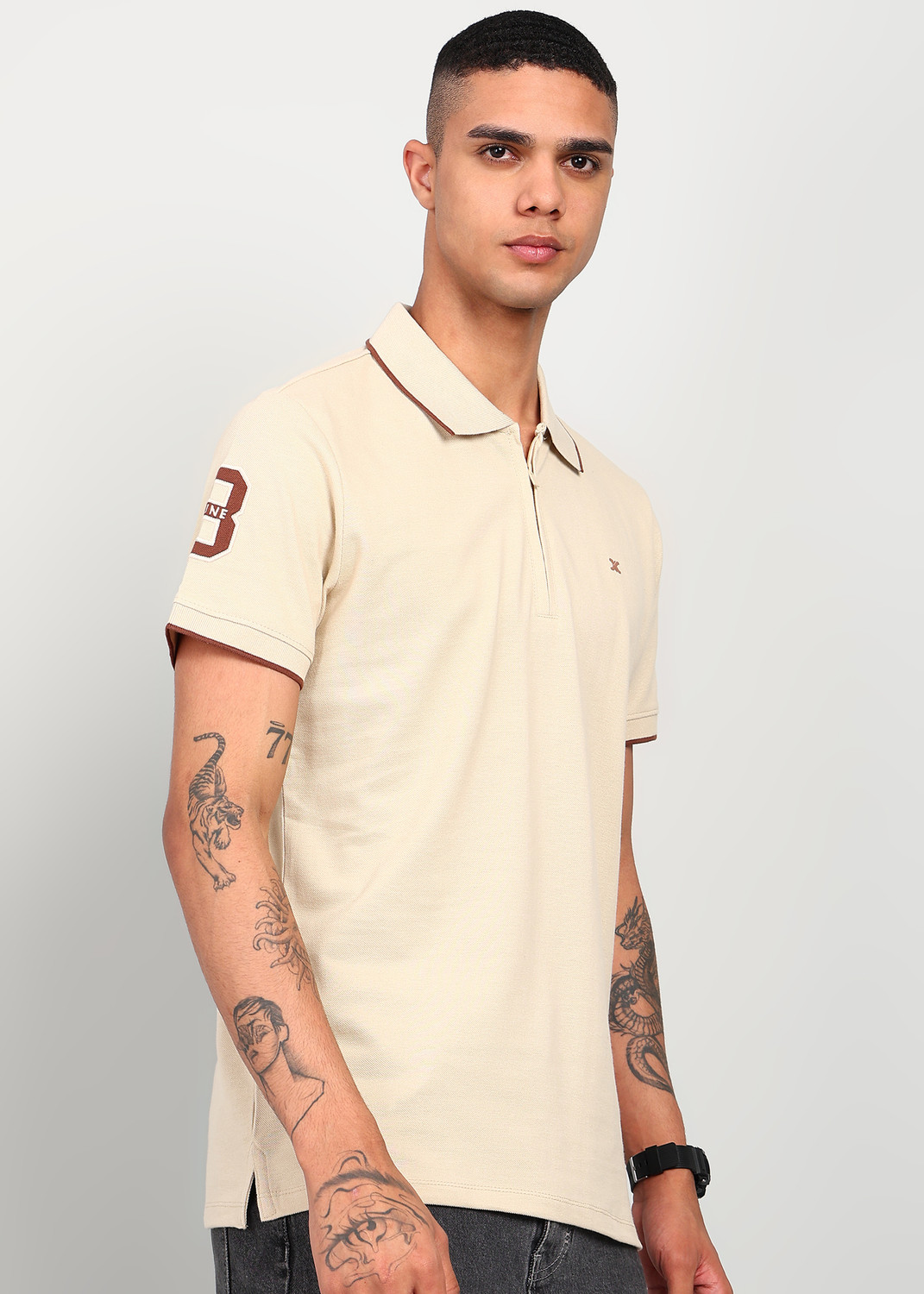 Image of KILLER Solid Men Polo Neck Beige T-Shirt