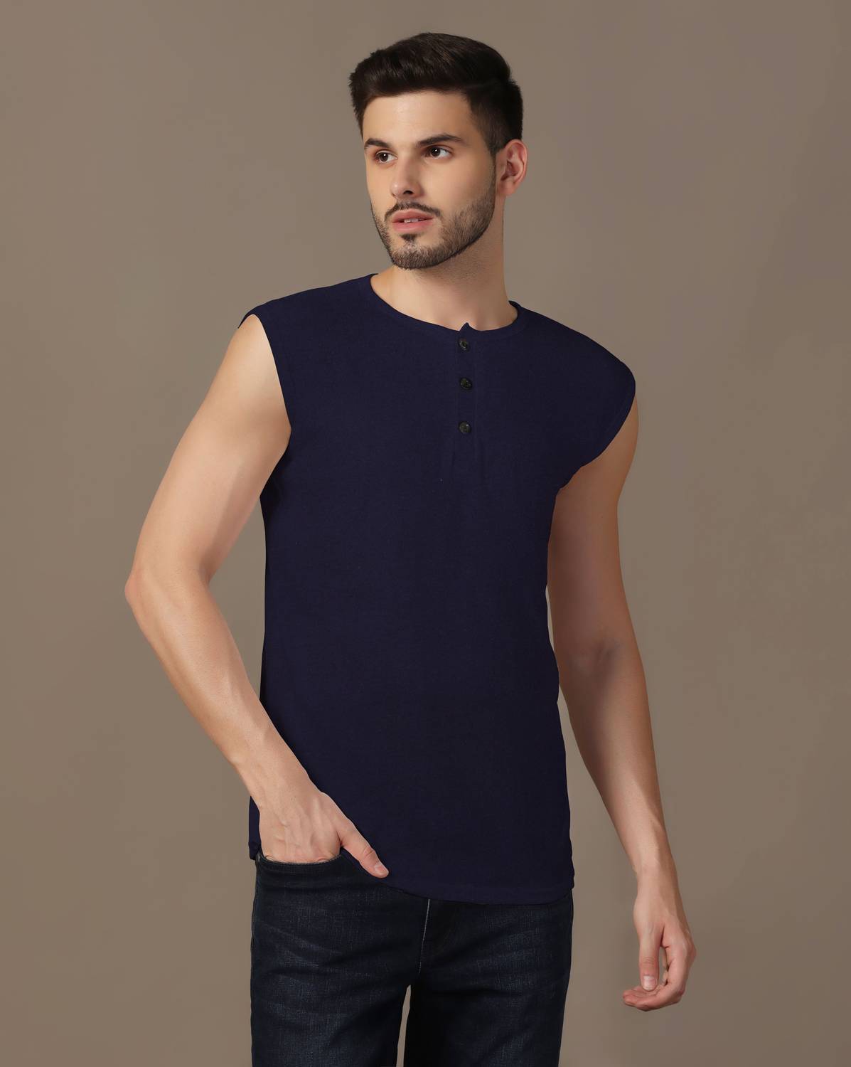 Blisstone Solid Men Henley Neck Dark Blue T-Shirt