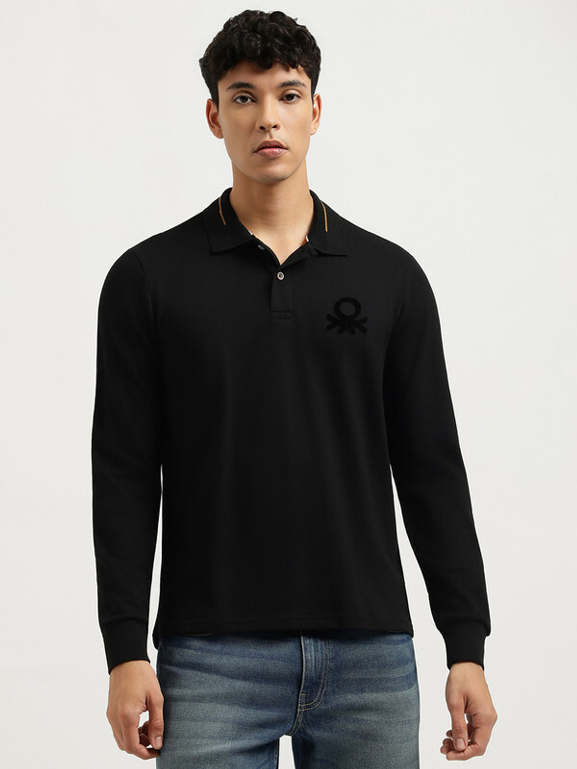 Image of United Colors of Benetton Printed Men Polo Neck Black T-Shirt
