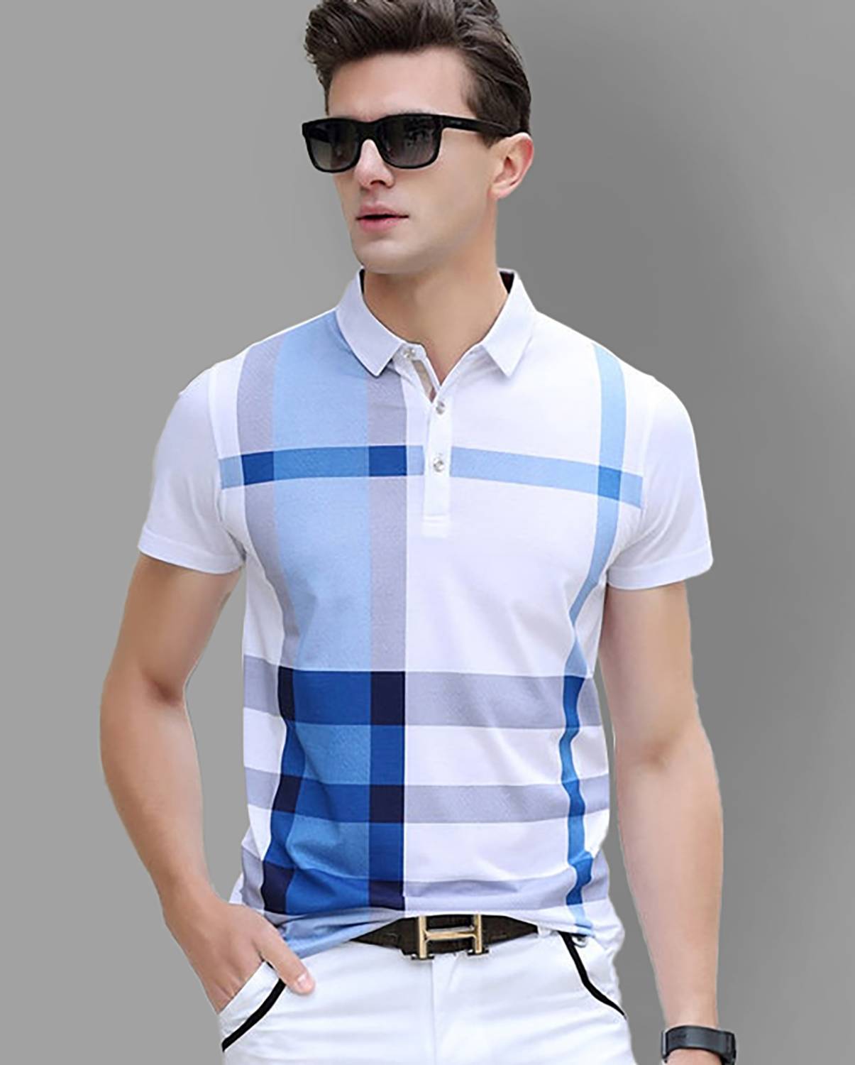 AUSK Men Striped Polo Neck Cotton Blend White, Blue T-Shirt