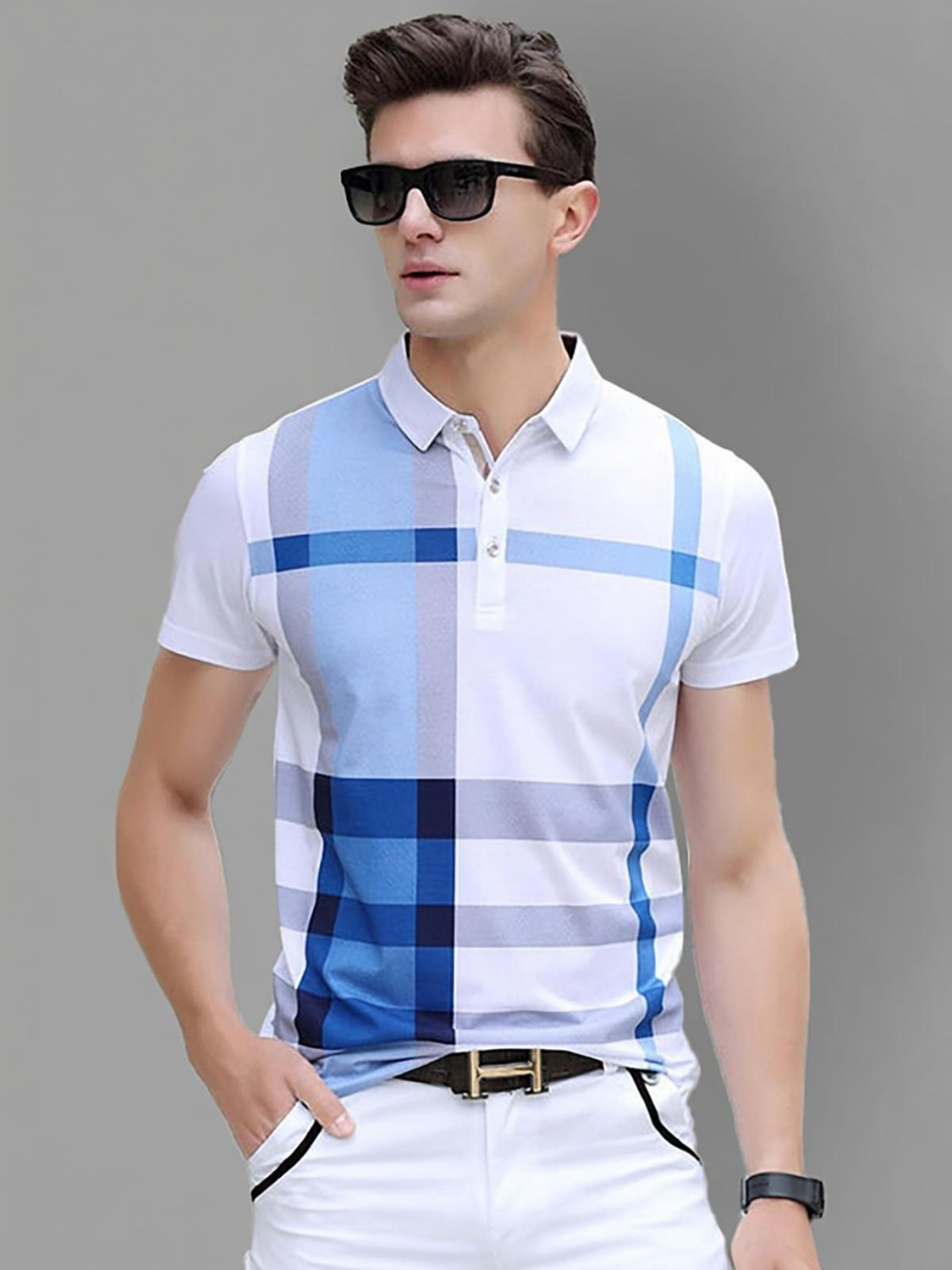 Image of AUSK Men Striped Polo Neck Cotton Blend White, Blue T-Shirt