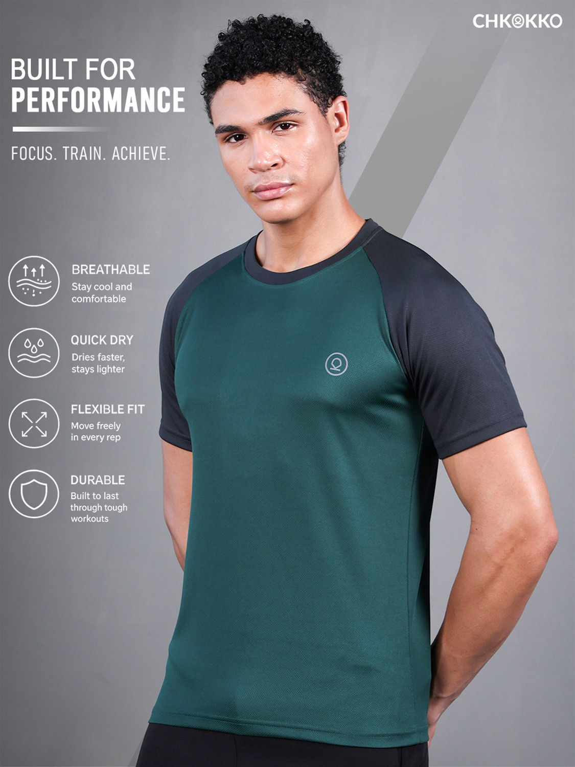Image of CHKOKKO Colorblock Men Round Neck Green T-Shirt