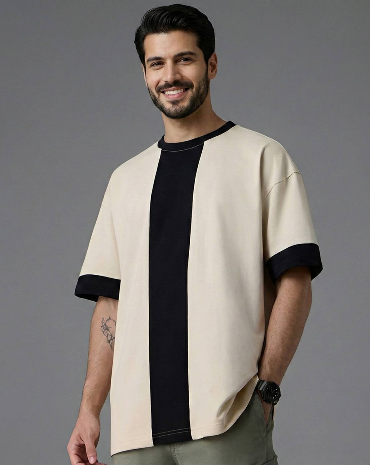 AOOSH Colorblock Men Polo Neck Black T-Shirt