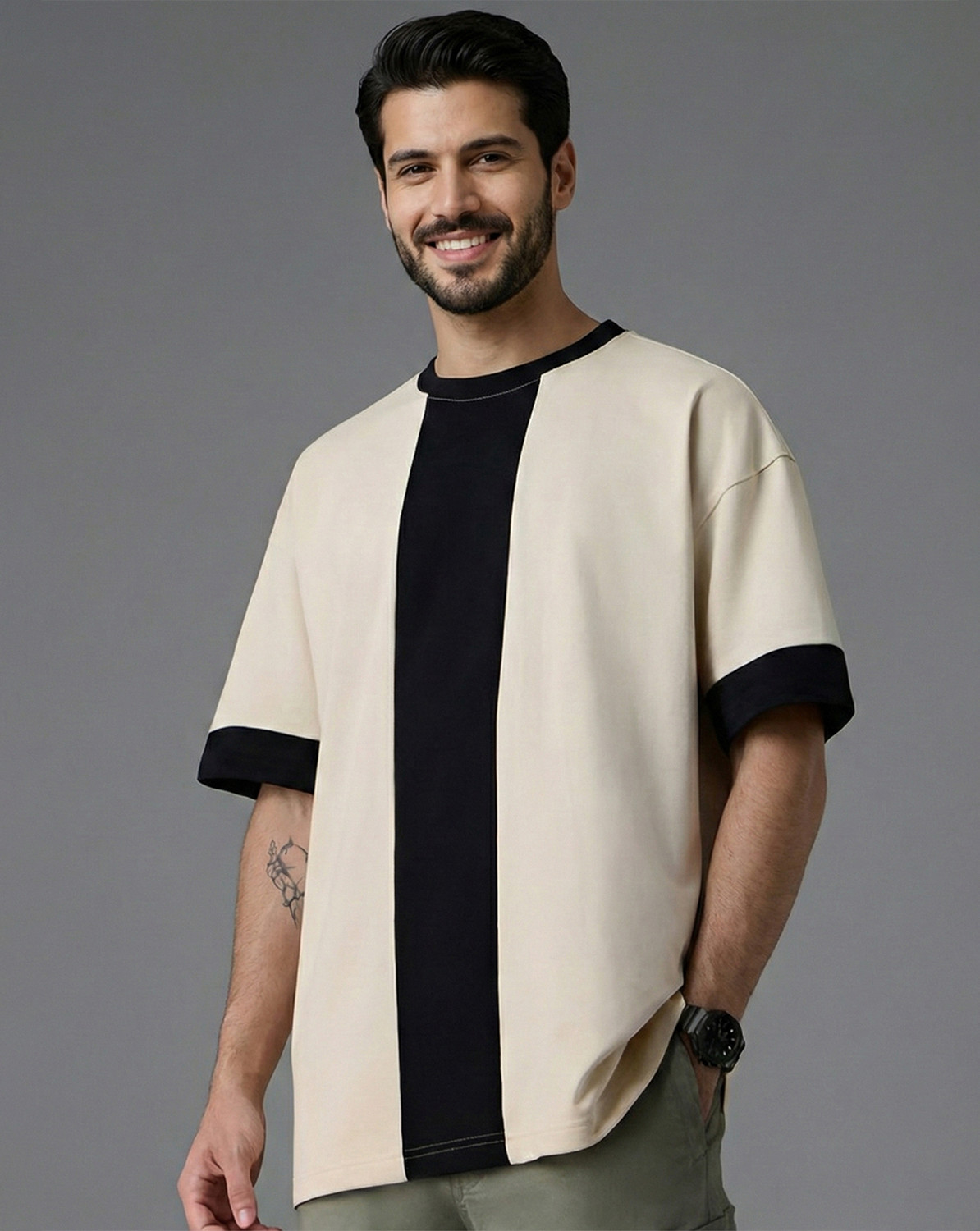 Image of METRONAUT Colorblock Men Round Neck Beige, Black T-Shirt