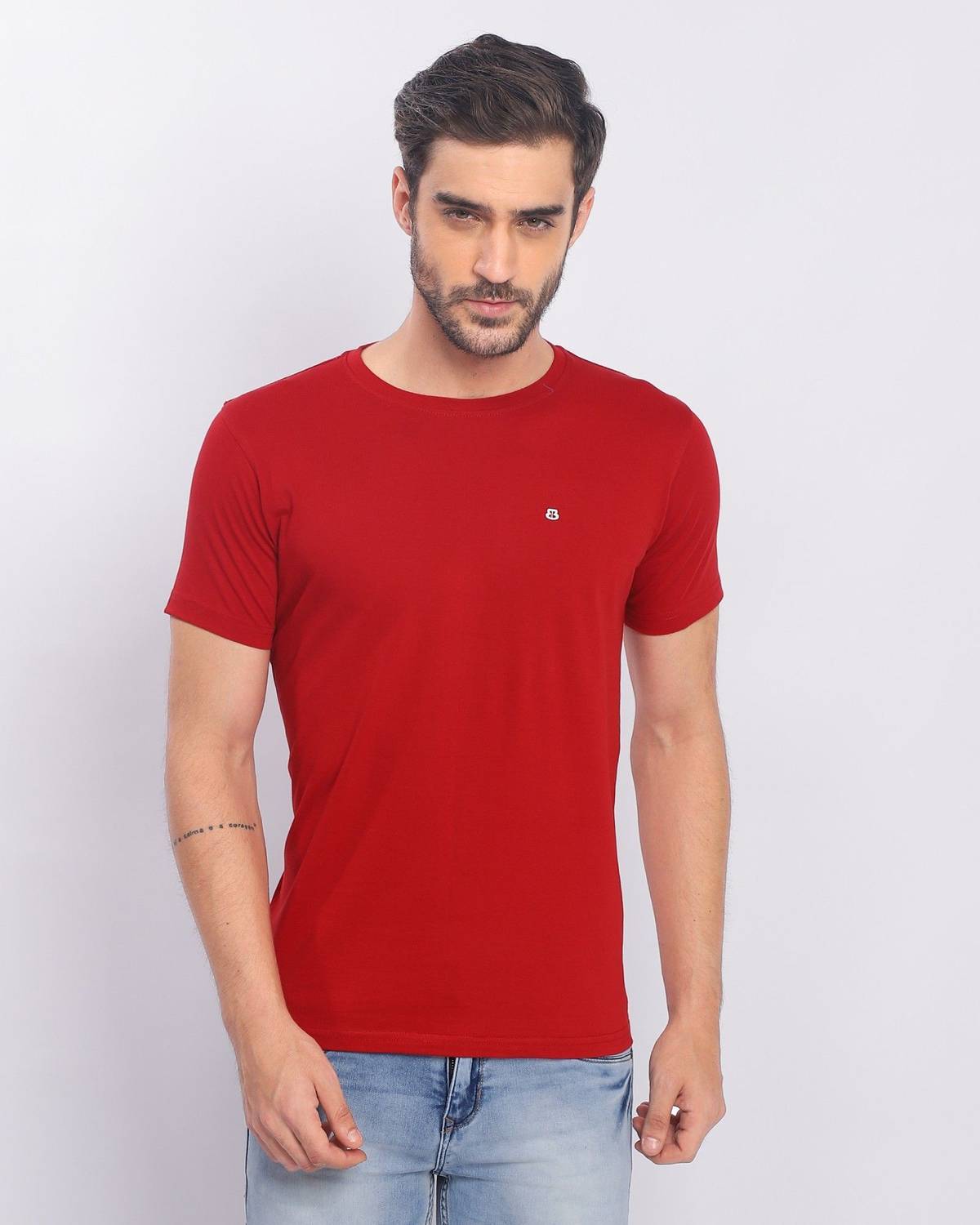 BERRYBLUES Solid Men Round Neck Red T-Shirt