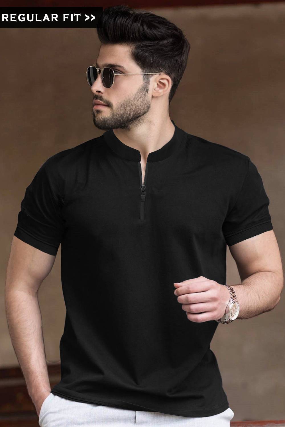 TRIPR Men Solid Mandarin Collar Cotton Blend Black T-Shirt