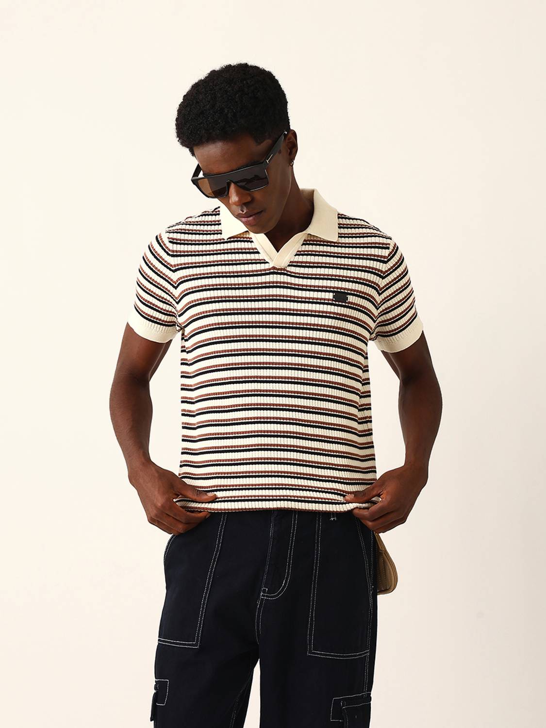 THE BEAR HOUSE Men Striped Polo Neck Pure Cotton Beige T-Shirt