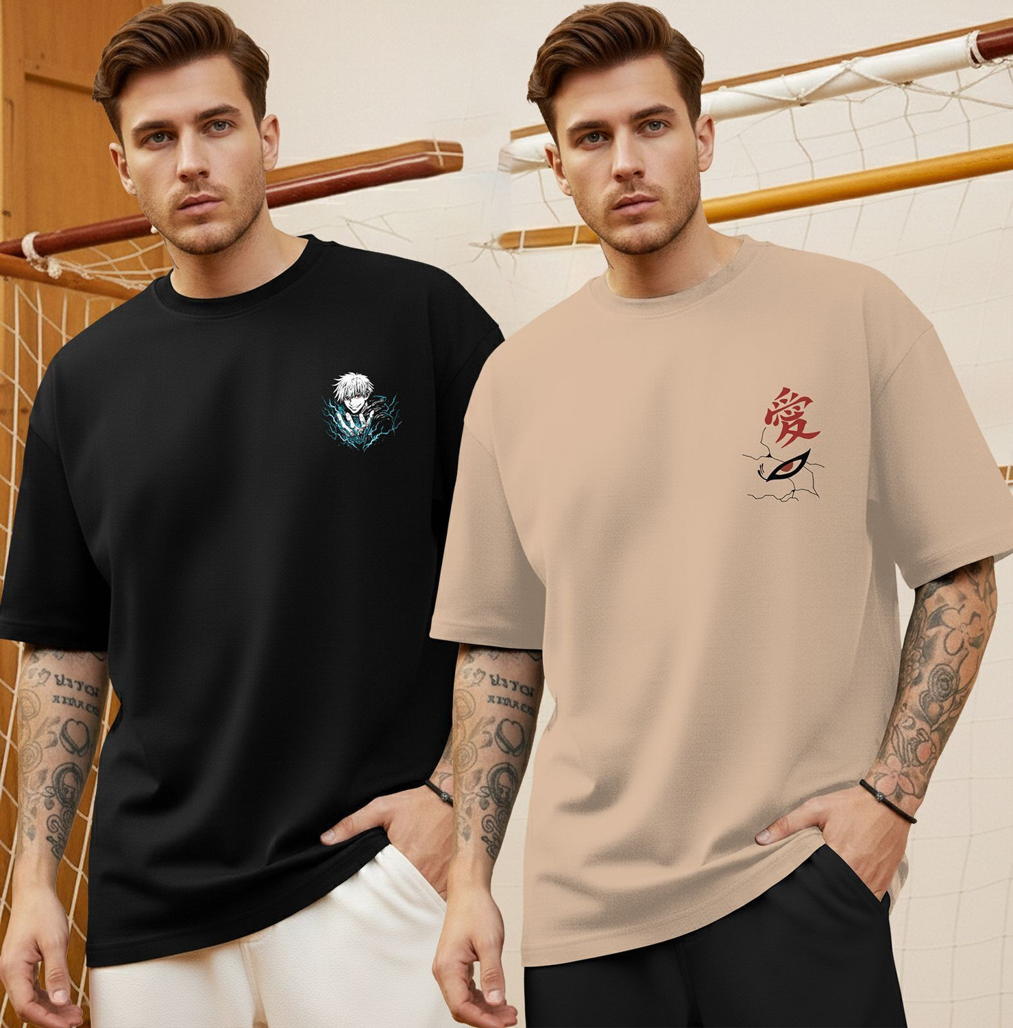 Image of TRIPR Typography Men Round Neck Black, Beige T-Shirt