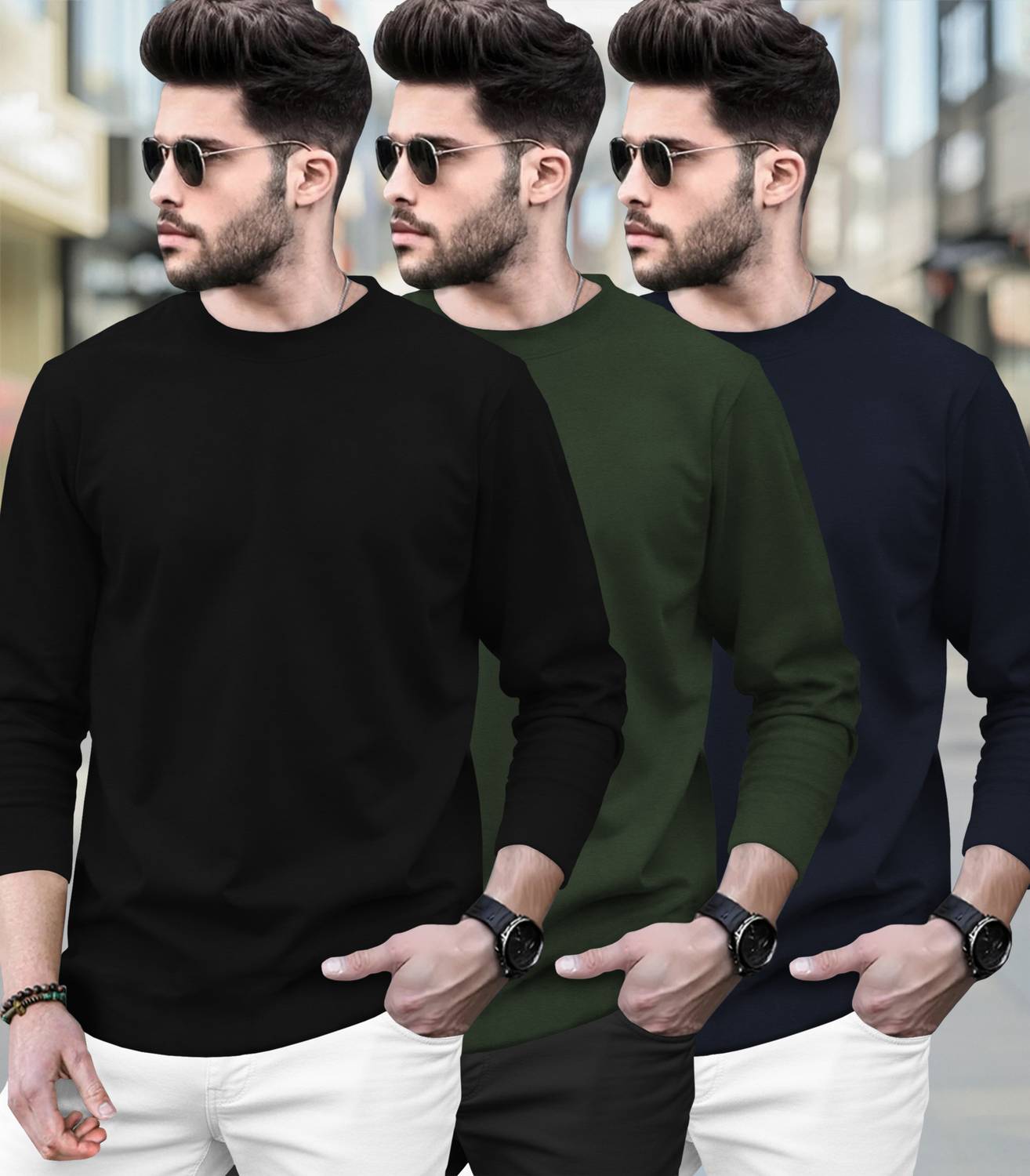 BLIVE Pack of 3 Men Solid Round Neck Cotton Blend Black, Dark Gre
