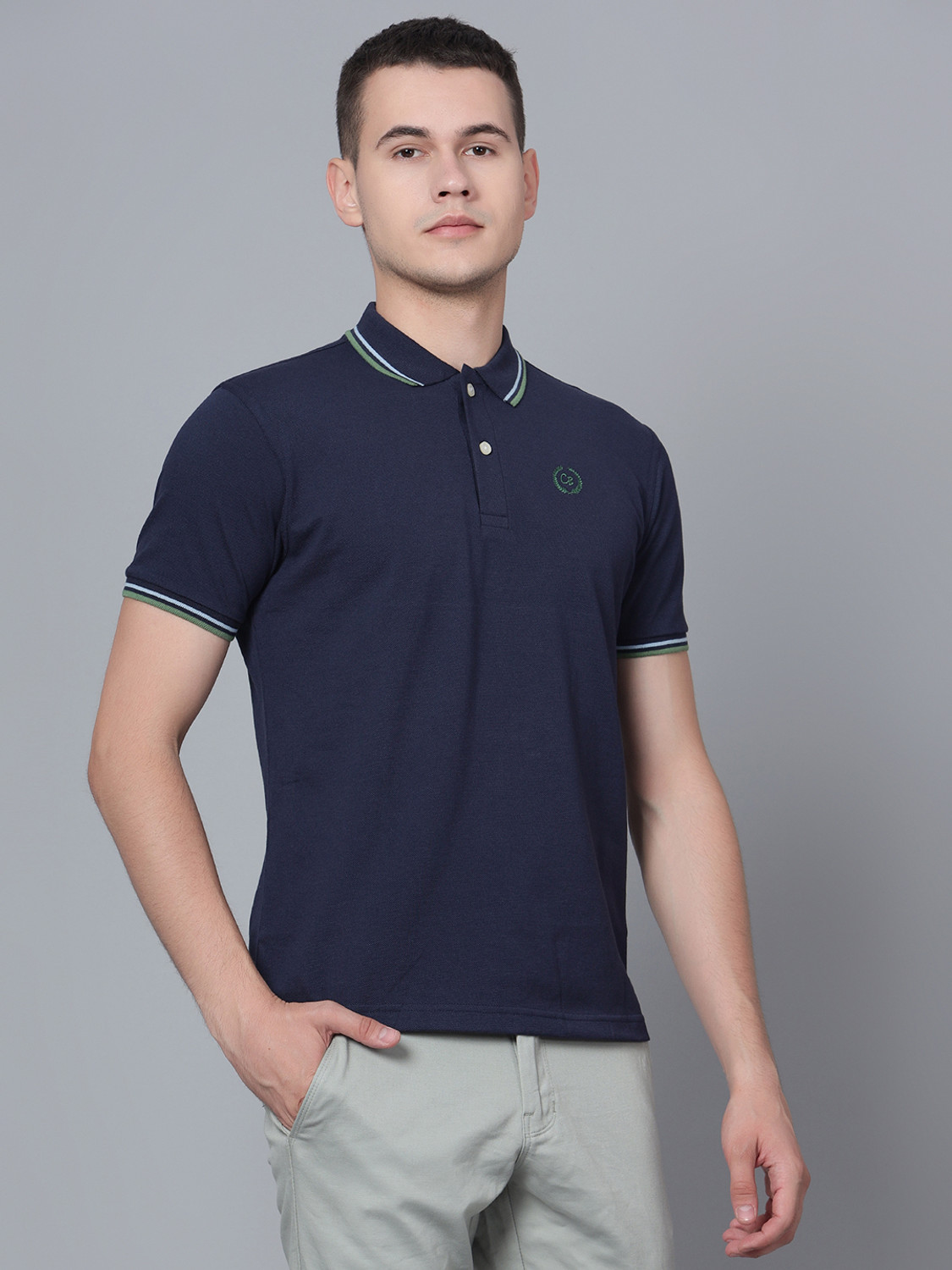 Image of CANTABIL Solid Men Polo Neck Dark Blue T-Shirt