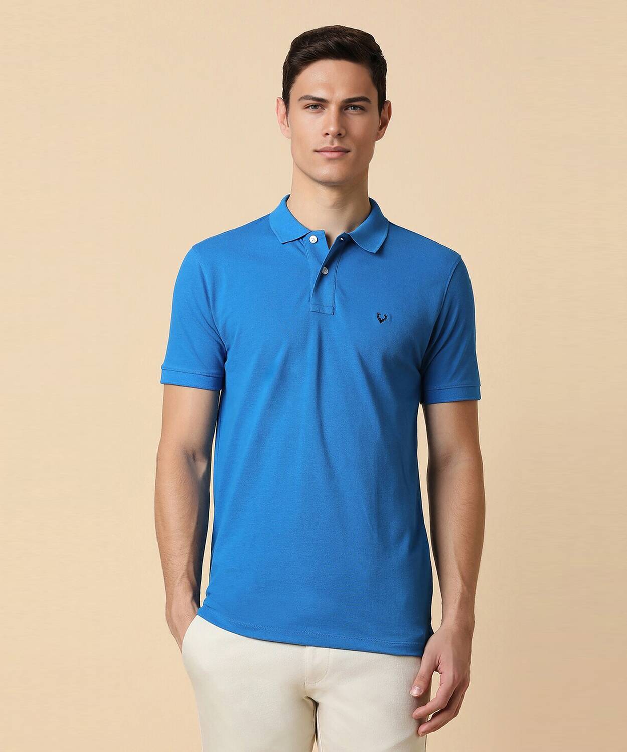 Allen Solly Men Solid Polo Neck Cotton Blend Blue T-Shirt