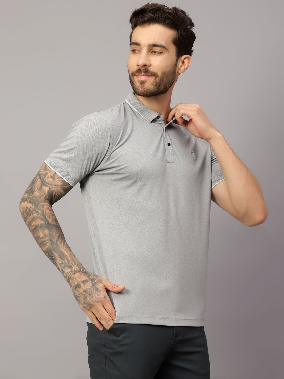 Image of CANTABIL Solid Men Polo Neck Grey T-Shirt
