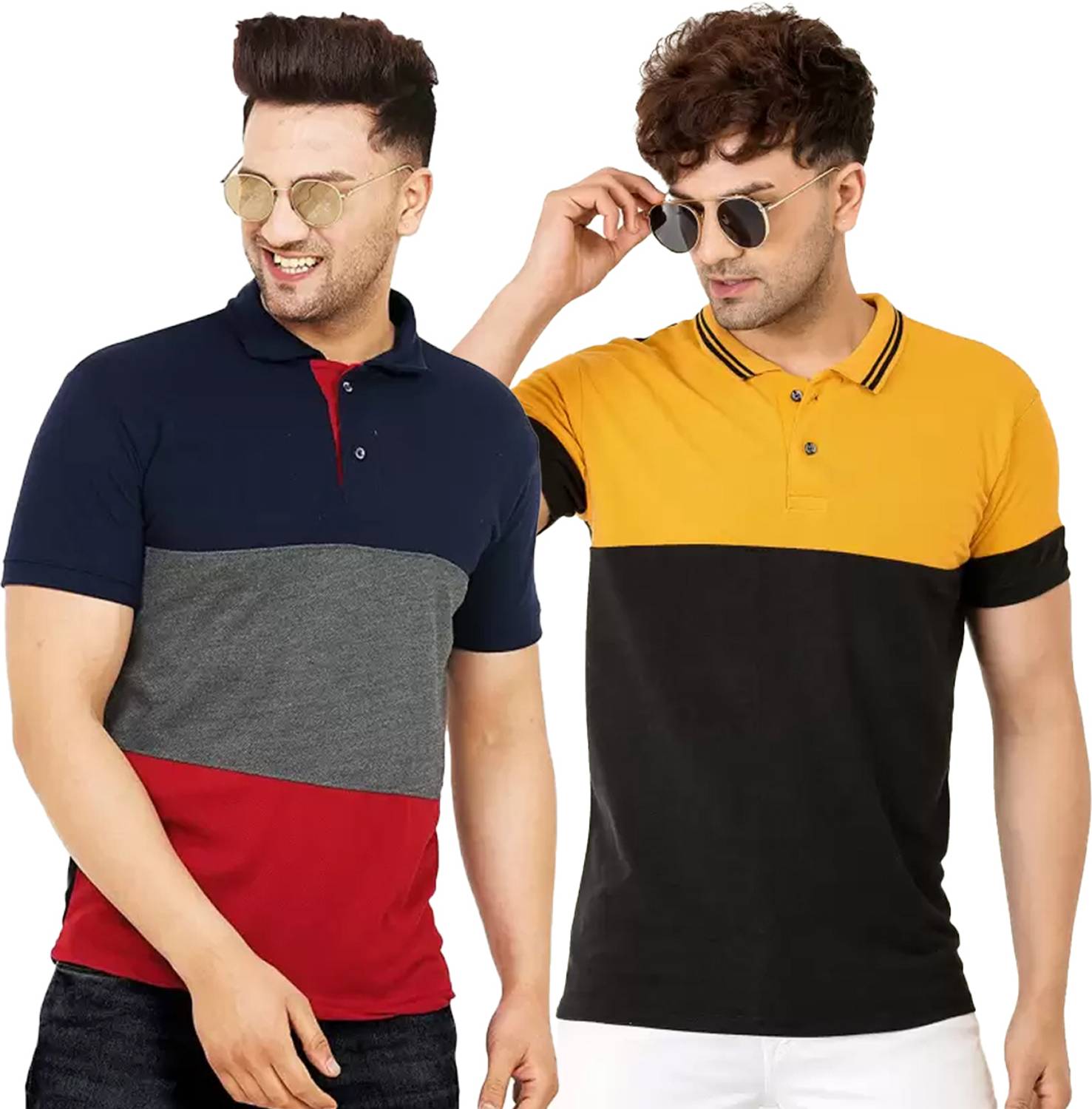 Leotude Men Colorblock Polo Neck Cotton Blend Multicolor T-Shirt