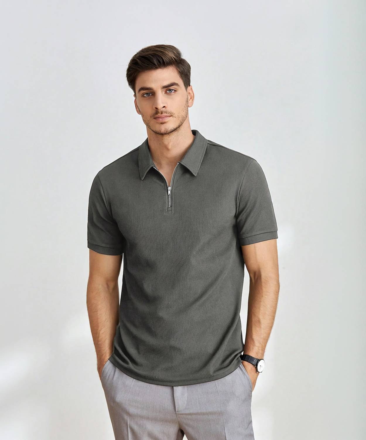 Stockton Men Solid Polo Neck Polycotton Grey T-Shirt
