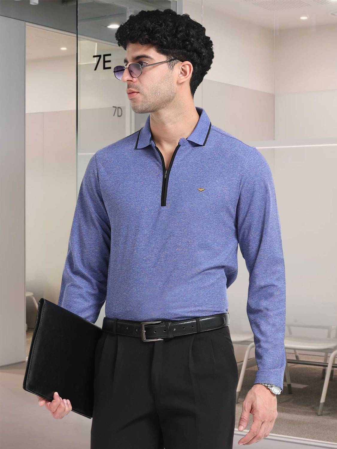 Stellers Men Solid Zip Neck Polyester Blue T-Shirt
