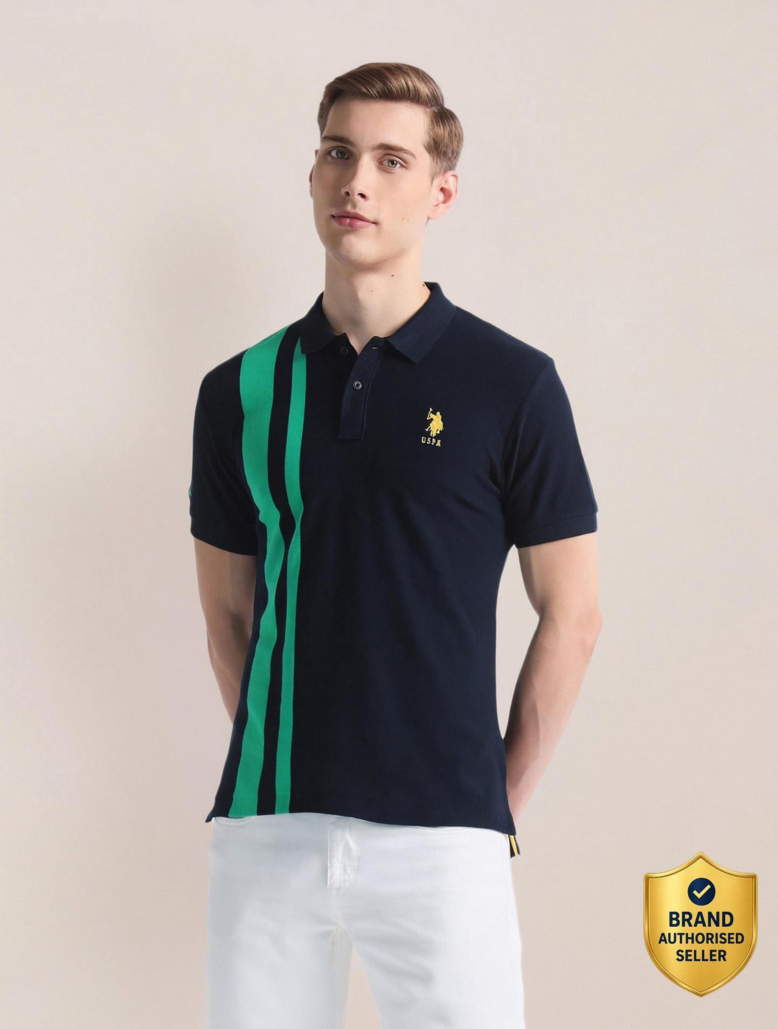 Image of U.S. POLO ASSN. Striped Men Polo Neck Dark Blue, Green T-Shirt