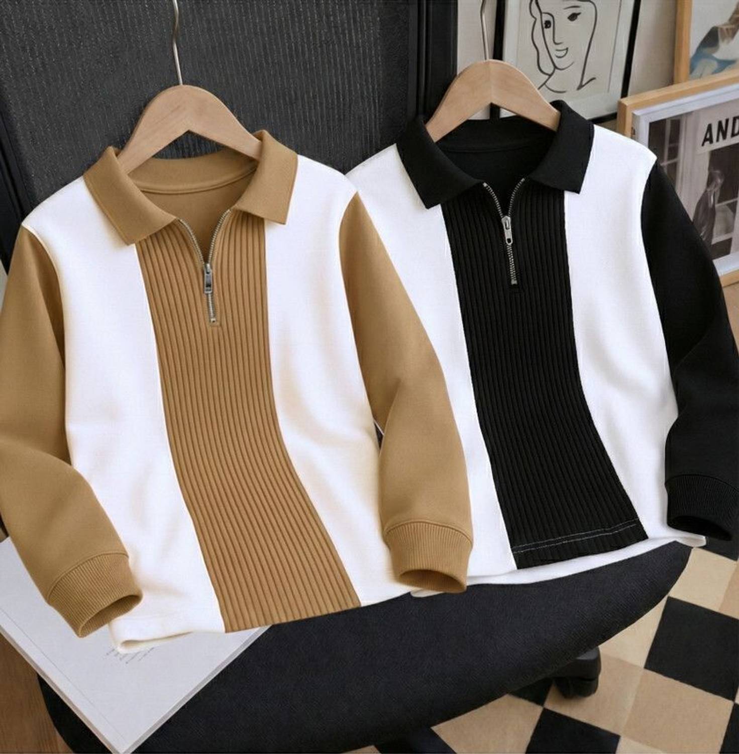 Try Striped Men Zip Neck Black T-Shirt - Image 1