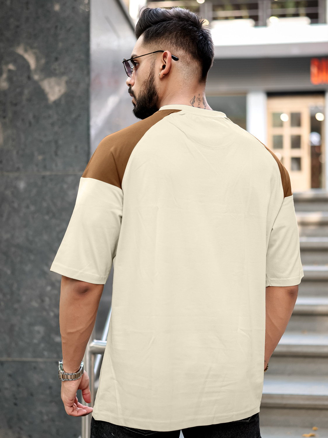 Image of MANIAC Printed Men Round Neck Beige T-Shirt
