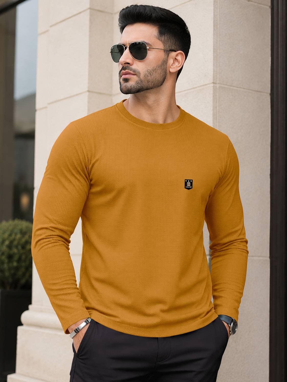 VeBNoR Men Self Design Round Neck Polyester Yellow T-Shirt