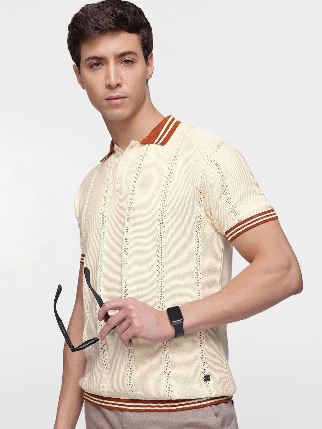 Image of French Connection Self Design Men Polo Neck White T-Shirt